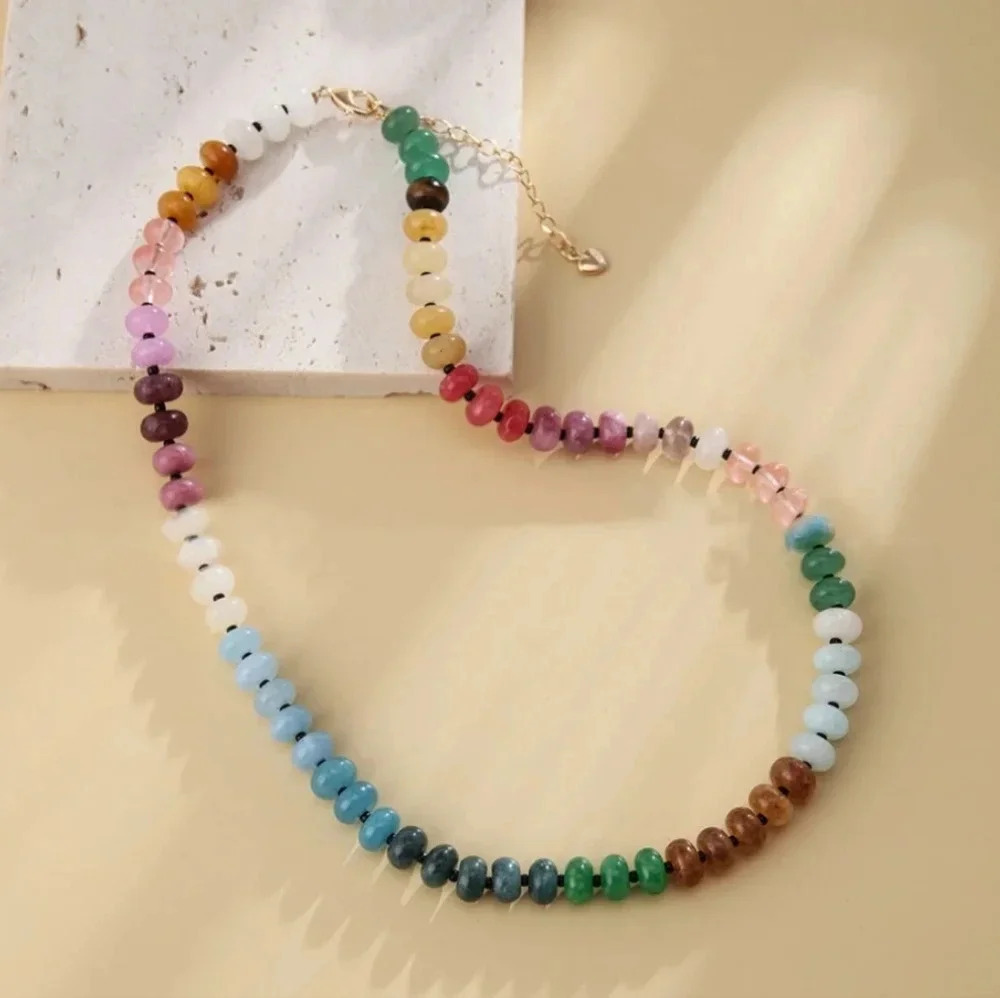 Natural Agate Gemstone Beaded Necklace Multicolor New